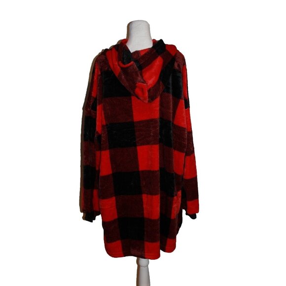 Women's Ultra-Soft Red & Black Plaid Plush Robe One Size Extra Large Pocket NEW - Picture 2 of 2